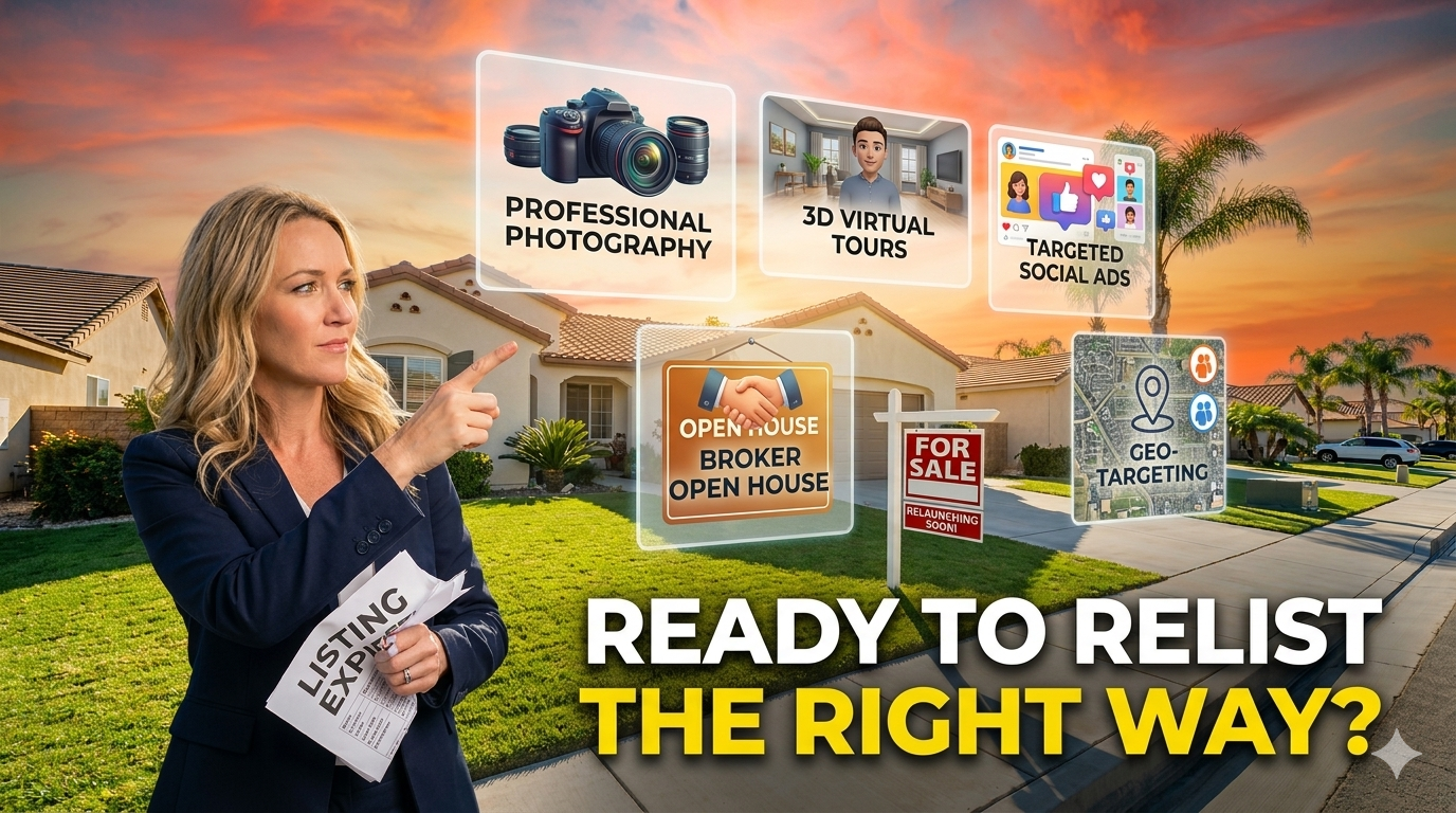 Real estate marketing graphic showing an agent in front of a suburban for-sale home highlighting professional photography, 3D virtual tours, targeted social ads, open house strategy, and geo-targeting for a successful relist. Real estate marketing graphic showing an agent in front of a suburban for-sale home highlighting professional photography, 3D virtual tours, targeted social ads, open house strategy, and geo-targeting for a successful relist.
