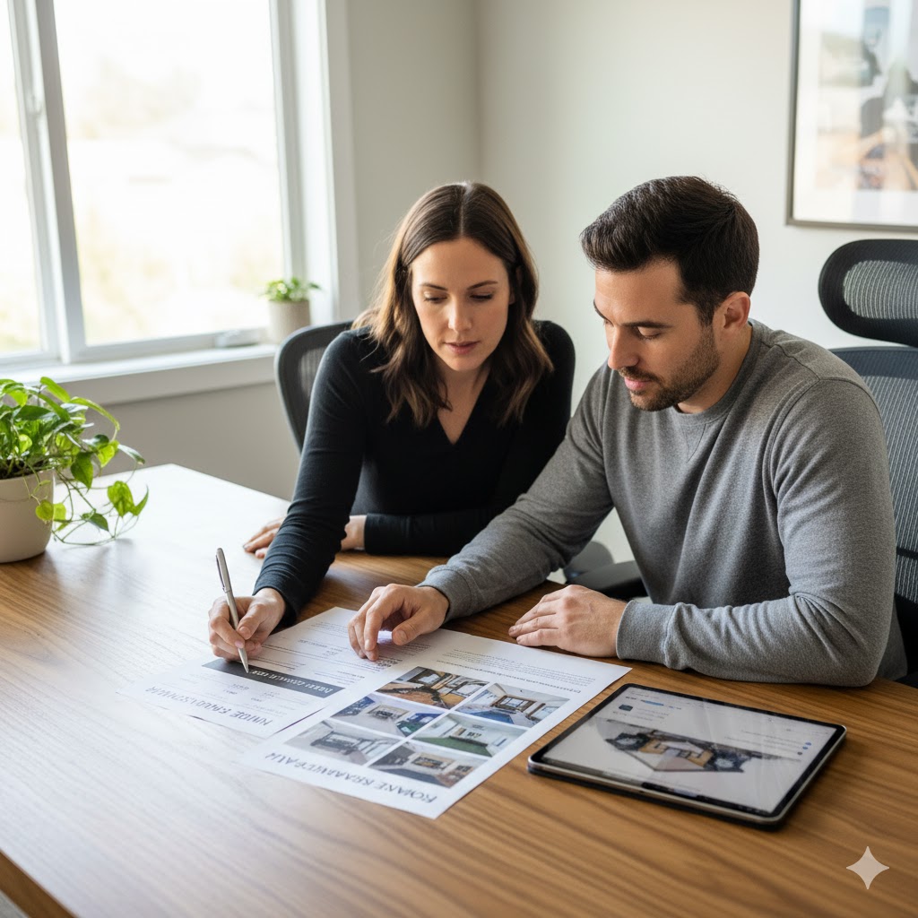 Couple reviewing and signing real estate documents at a table with listing materials, property photos, and a tablet during a home selling consultation. Couple reviewing and signing real estate documents at a table with listing materials, property photos, and a tablet during a home selling consultation.