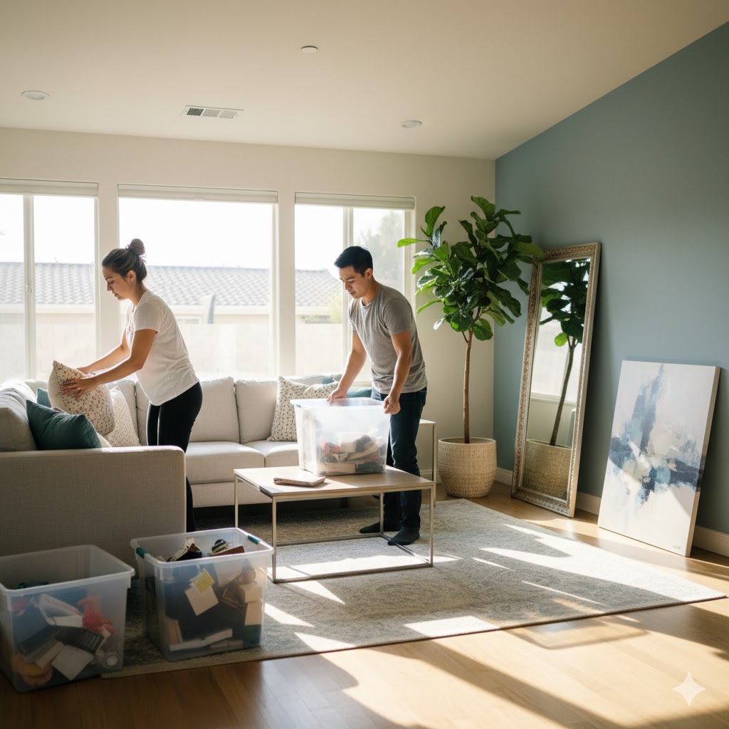 Couple decluttering and organizing a bright living room with storage bins, preparing their home for staging, listing photos, or a future sale. Couple decluttering and organizing a bright living room with storage bins, preparing their home for staging, listing photos, or a future sale.