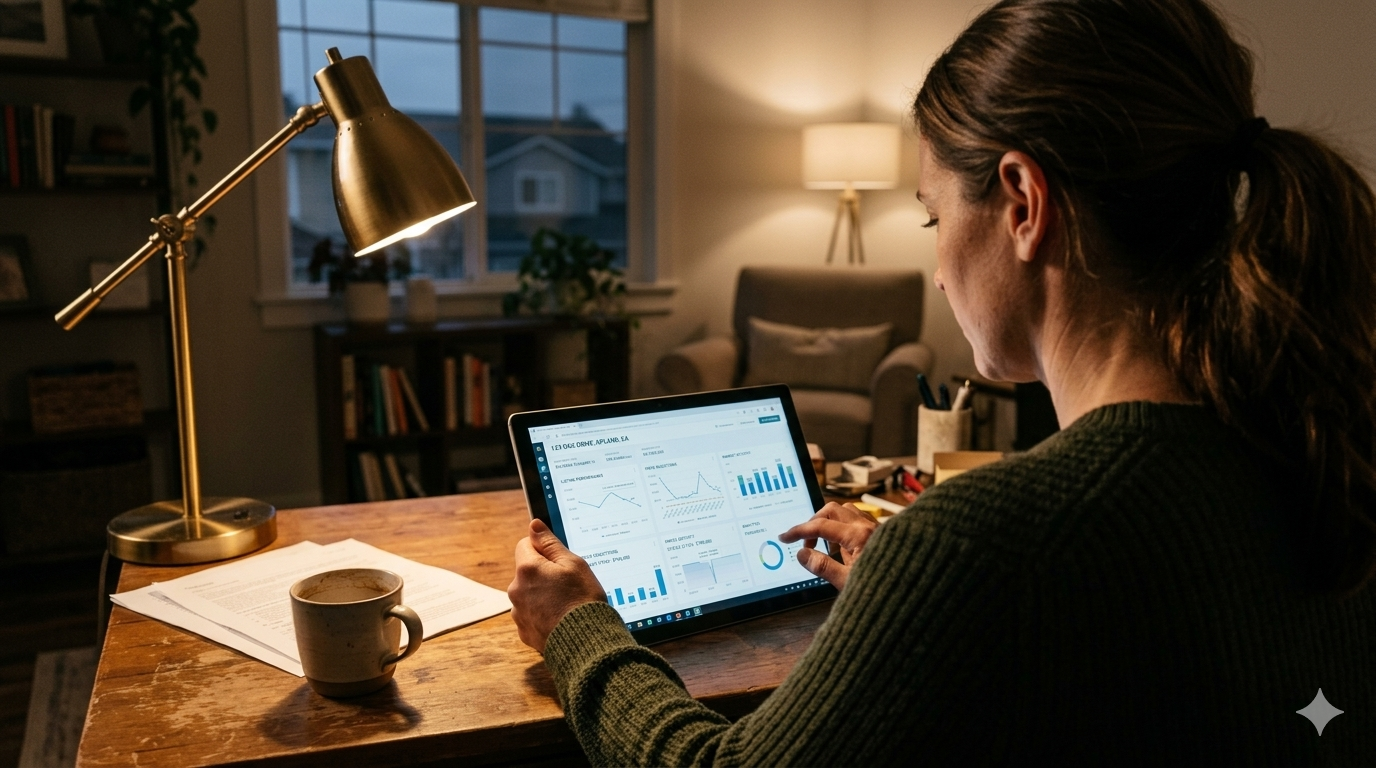 Woman reviewing local real estate market data on a tablet at home in the evening, analyzing charts, pricing trends, and housing activity before making a selling decision. Woman reviewing local real estate market data on a tablet at home in the evening, analyzing charts, pricing trends, and housing activity before making a selling decision.