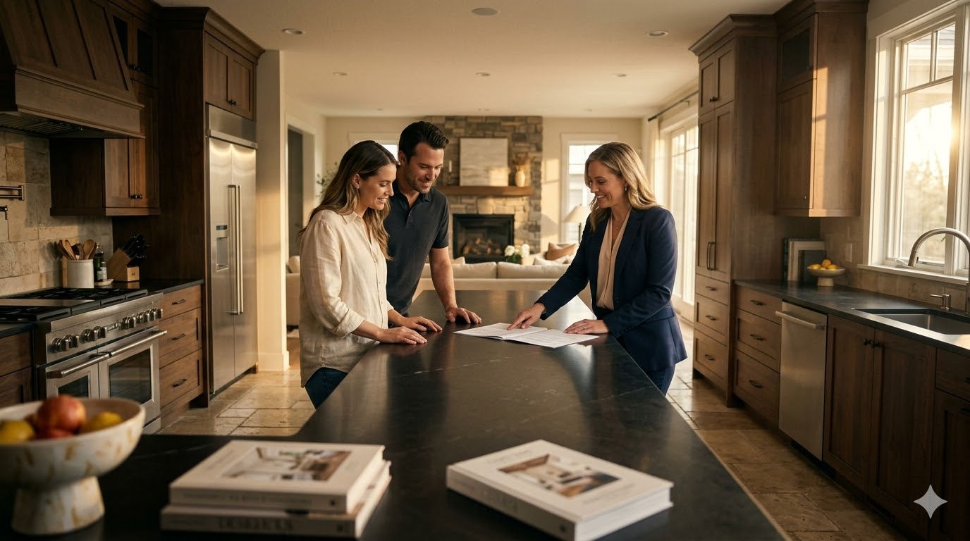 Real estate agent meeting with a couple in a luxury kitchen to review home selling documents, pricing strategy, and next steps for listing their property. Real estate agent meeting with a couple in a luxury kitchen to review home selling documents, pricing strategy, and next steps for listing their property.