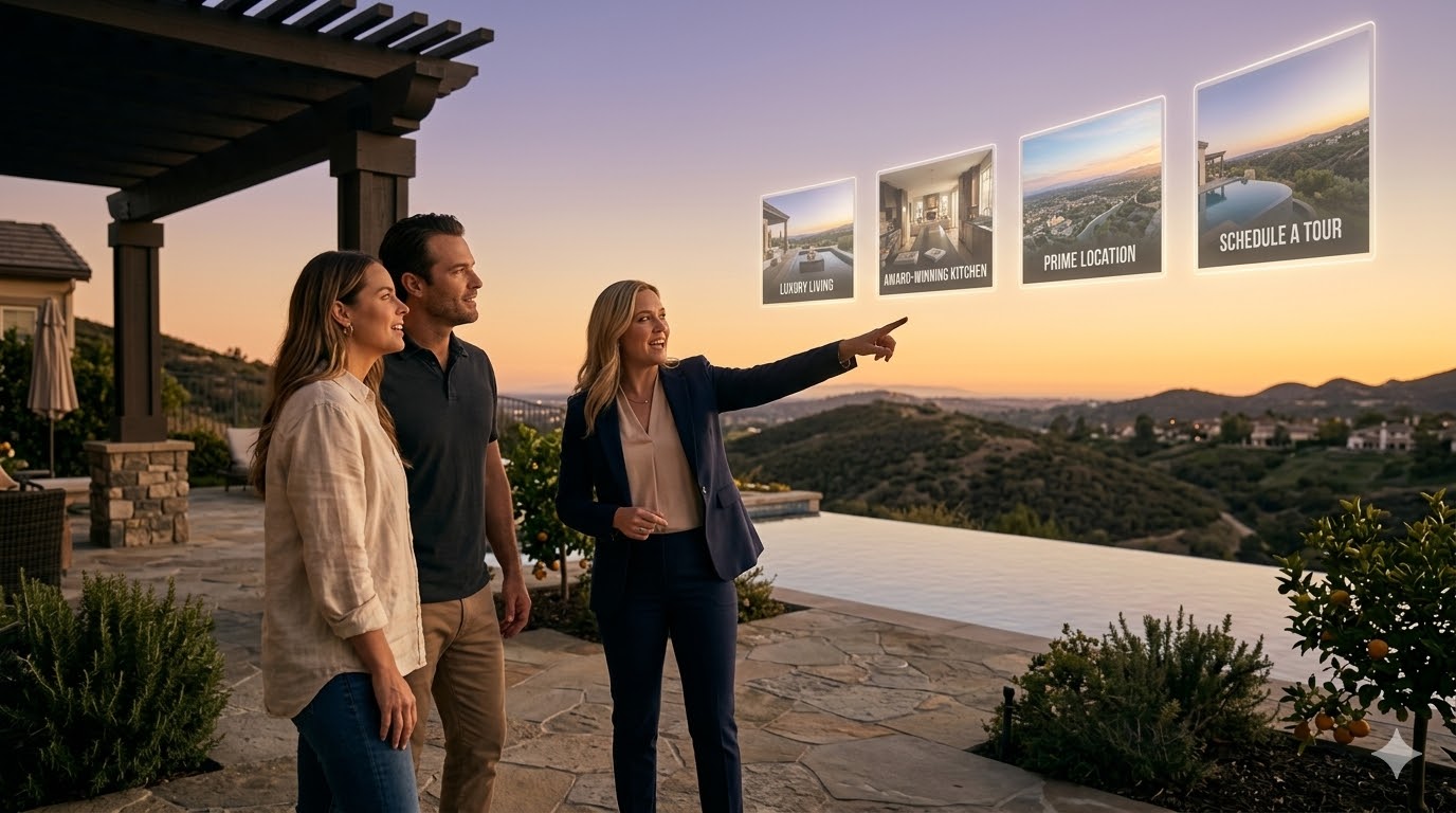 Real estate agent showing a luxury hillside property to a couple at sunset, highlighting premium home features, prime location, and a private tour experience. Real estate agent showing a luxury hillside property to a couple at sunset, highlighting premium home features, prime location, and a private tour experience.
