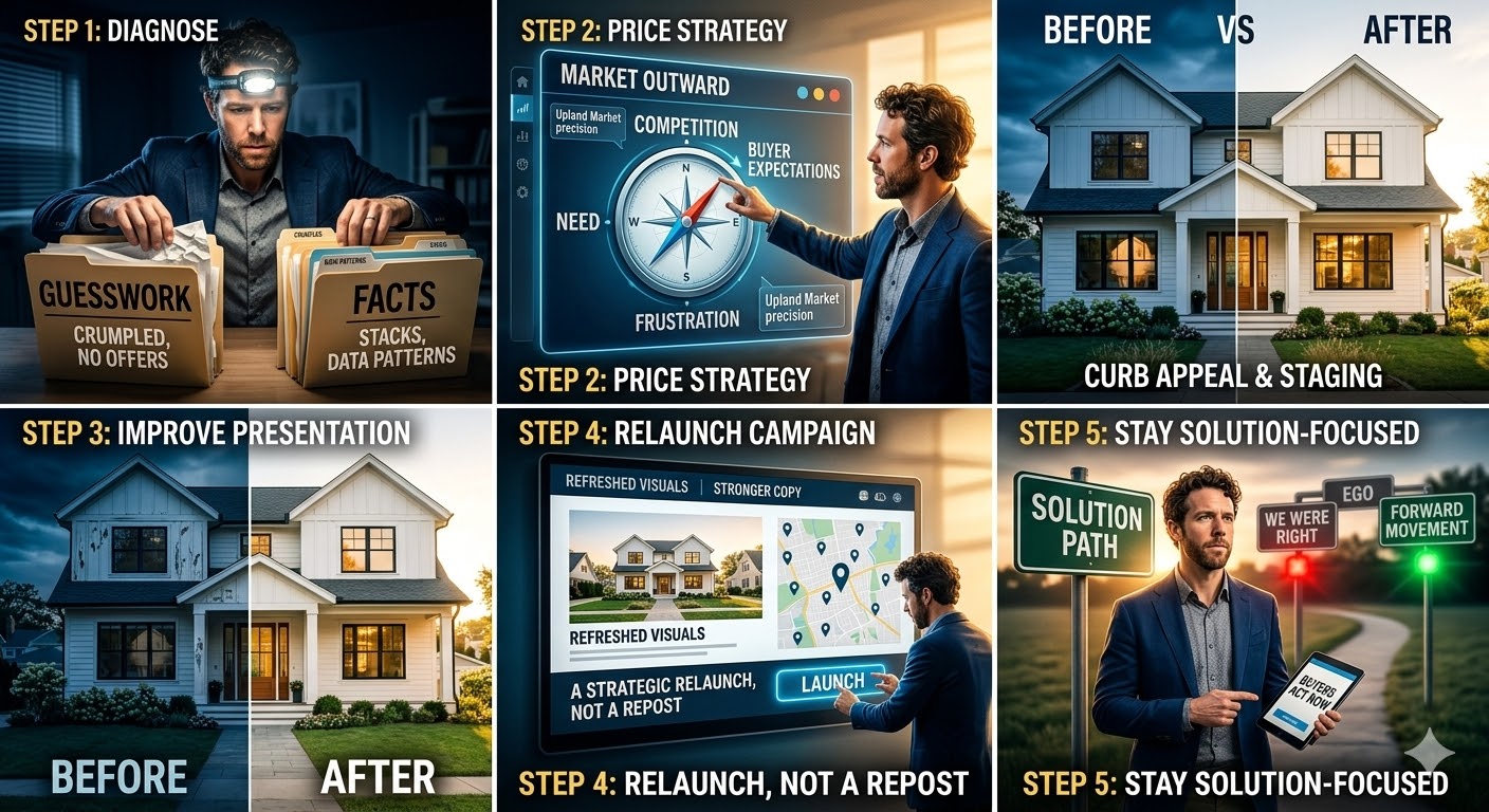 Six-panel real estate infographic showing the steps to relist an expired home, including diagnosis, pricing strategy, presentation improvements, relaunch marketing, and solution-focused seller guidance. Six-panel real estate infographic showing the steps to relist an expired home, including diagnosis, pricing strategy, presentation improvements, relaunch marketing, and solution-focused seller guidance.