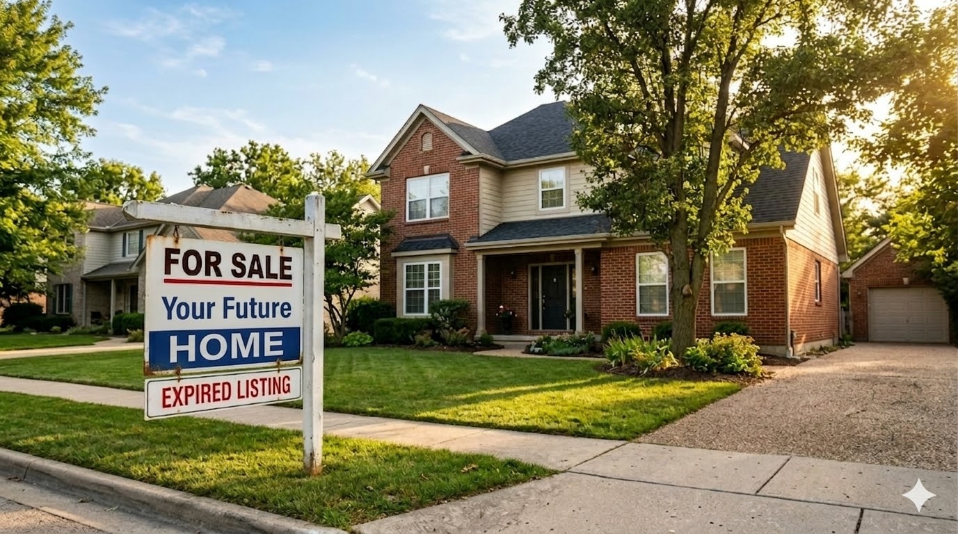 Suburban home with a for-sale sign and expired listing notice in the front yard, illustrating a home that did not sell and may need a new relisting strategy. Suburban home with a for-sale sign and expired listing notice in the front yard, illustrating a home that did not sell and may need a new relisting strategy.