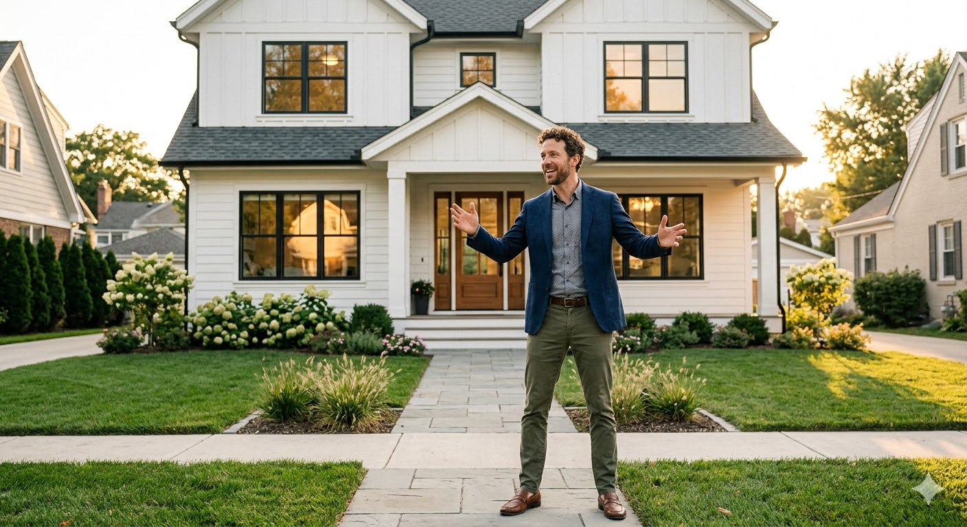 Real estate agent standing in front of a beautifully updated home with manicured landscaping, presenting a successful relisting or home sale strategy in a residential neighborhood. Real estate agent standing in front of a beautifully updated home with manicured landscaping, presenting a successful relisting or home sale strategy in a residential neighborhood.
