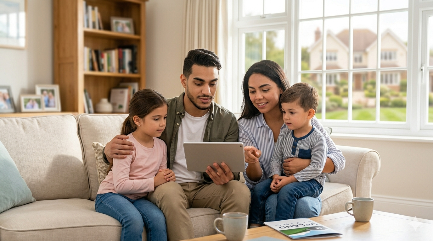Young family sitting together on a couch reviewing home buying or relocation information on a tablet, with children engaged and a house visible through the window. Young family sitting together on a couch reviewing home buying or relocation information on a tablet, with children engaged and a house visible through the window.