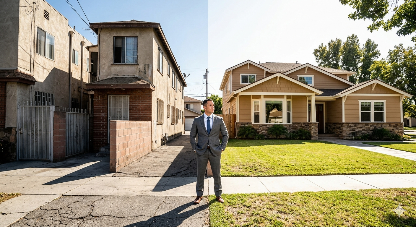 Before-and-after style real estate image showing an agent standing between an older distressed property and a newer well-kept home, illustrating neighborhood contrast, home transformation, or move-up buying potential. Before-and-after style real estate image showing an agent standing between an older distressed property and a newer well-kept home, illustrating neighborhood contrast, home transformation, or move-up buying potential.