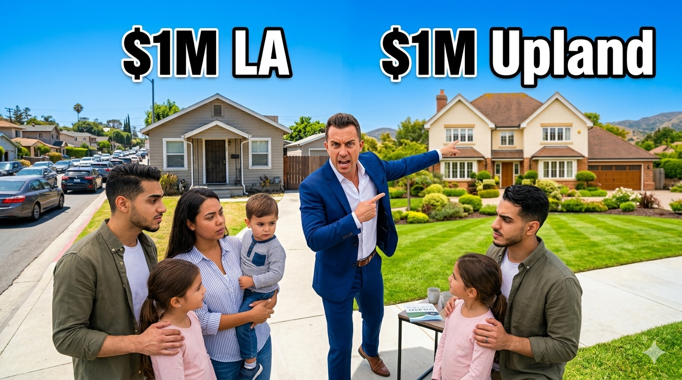 Comparison graphic showing one million dollar home value differences in Los Angeles versus Upland, with families and a presenter illustrating how far a homebuyer’s budget can go in each market. Comparison graphic showing one million dollar home value differences in Los Angeles versus Upland, with families and a presenter illustrating how far a homebuyer’s budget can go in each market.