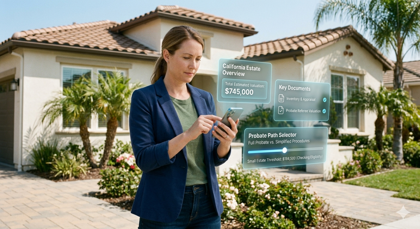 Woman using a smartphone outside a California home while reviewing probate estate details, property valuation, key documents, and probate path options for an inherited property. Woman using a smartphone outside a California home while reviewing probate estate details, property valuation, key documents, and probate path options for an inherited property.