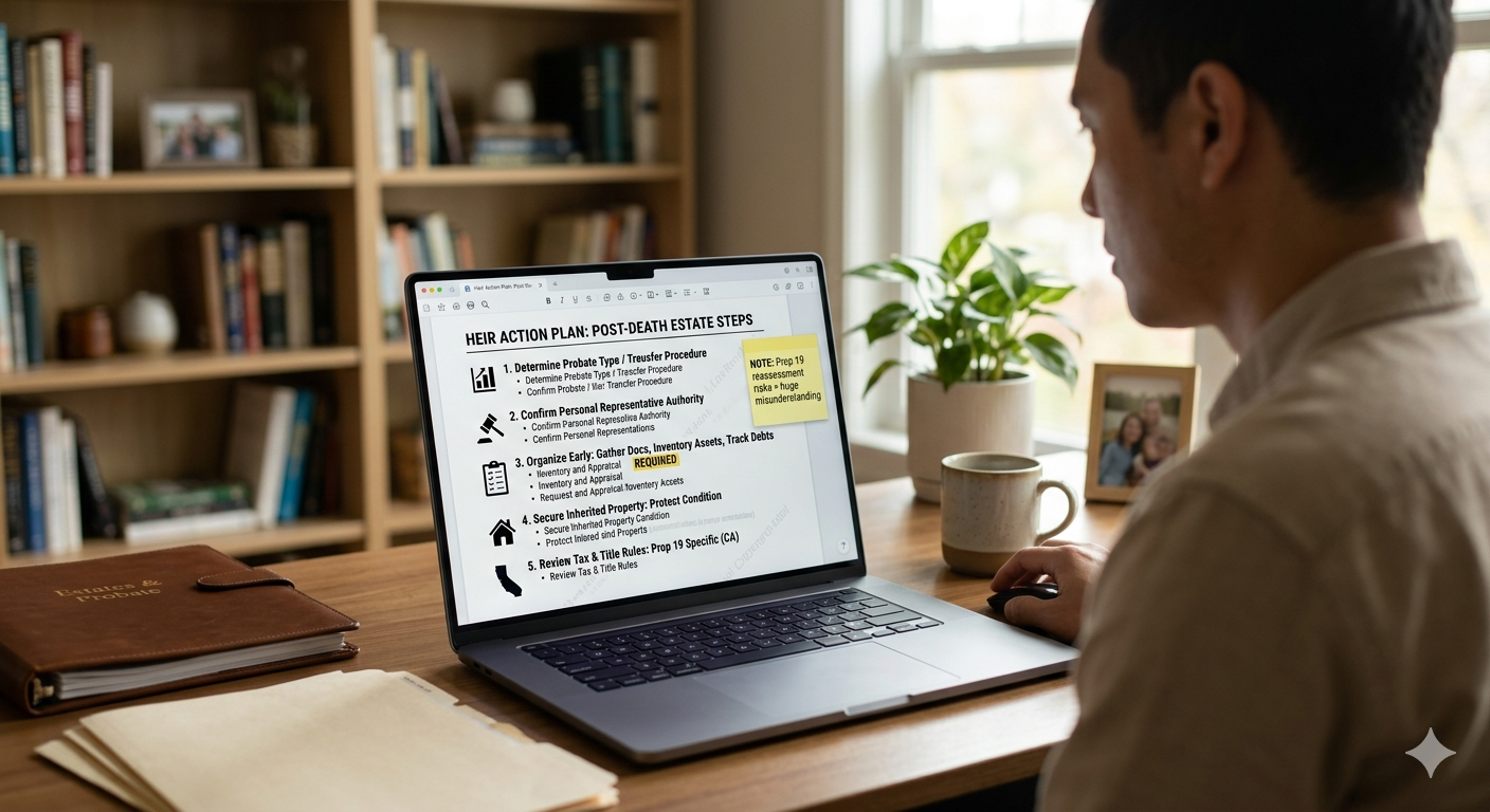 Person reviewing a post-death estate action plan on a laptop at home, researching probate steps, inherited property responsibilities, and estate administration tasks. Person reviewing a post-death estate action plan on a laptop at home, researching probate steps, inherited property responsibilities, and estate administration tasks.