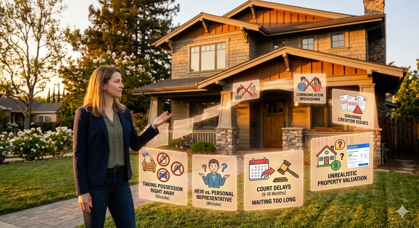 Woman standing outside a home with a visual guide to common probate mistakes, including communication breakdowns, creditor issues, court delays, heir confusion, and unrealistic property valuation. Woman standing outside a home with a visual guide to common probate mistakes, including communication breakdowns, creditor issues, court delays, heir confusion, and unrealistic property valuation.
