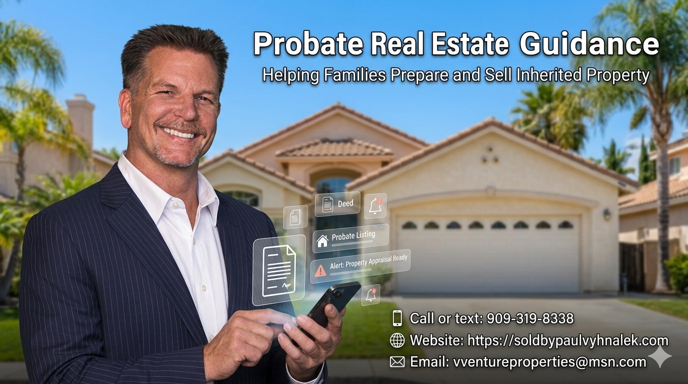 Paul Vyhnalek probate real estate guidance graphic featuring a realtor in front of an inherited property, offering help to families preparing and selling probate or inherited homes. Paul Vyhnalek probate real estate guidance graphic featuring a realtor in front of an inherited property, offering help to families preparing and selling probate or inherited homes.