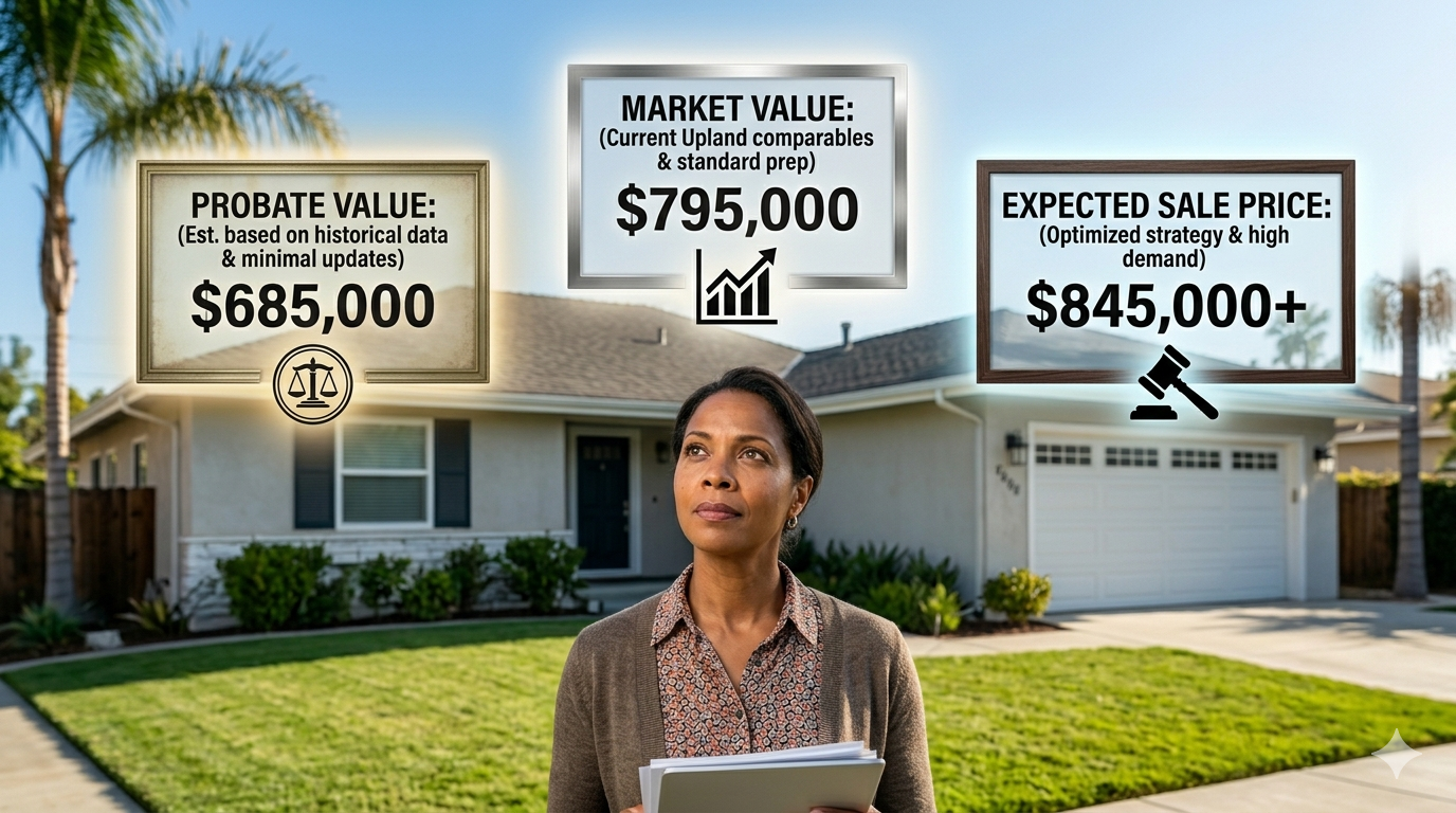 Woman standing in front of a home comparing probate value, current market value, and expected sale price, illustrating inherited property pricing strategy in Upland.