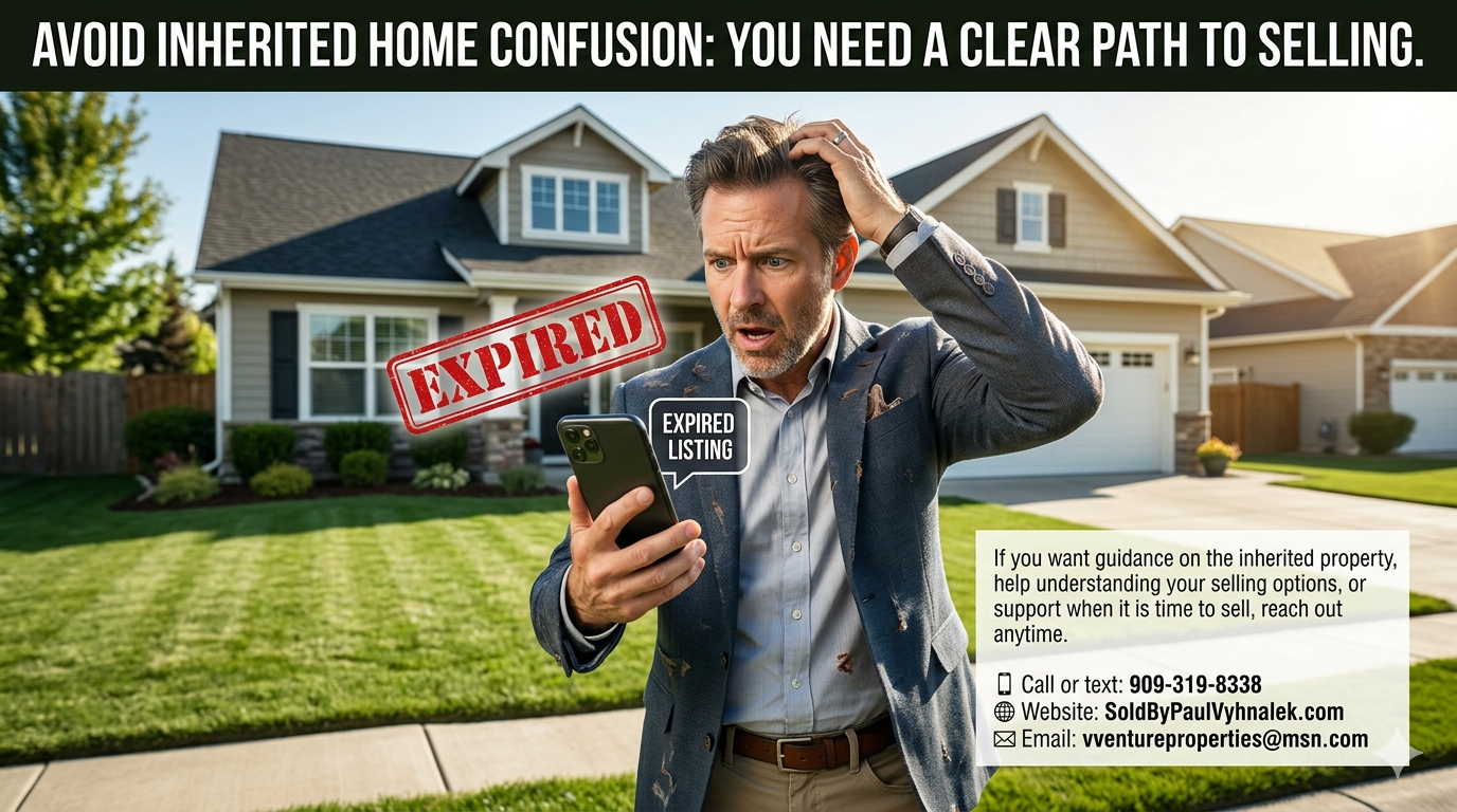 Graphic showing a stressed homeowner outside an inherited home after an expired listing, with messaging about avoiding inherited property confusion and getting a clear path to sell.