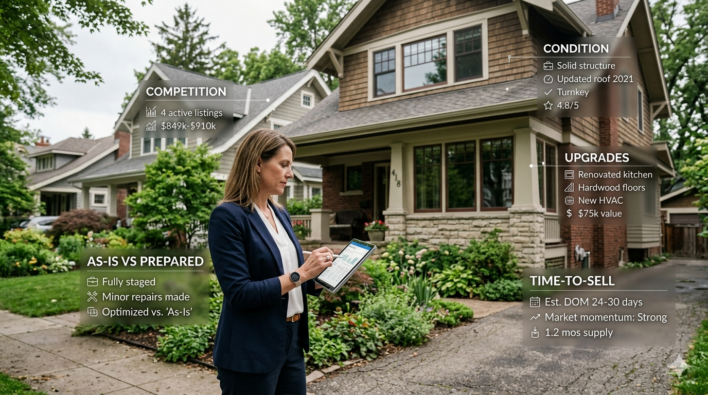 Real estate professional analyzing a home's condition, upgrades, competition, as-is versus prepared value, and estimated time to sell while standing outside a well-maintained property.