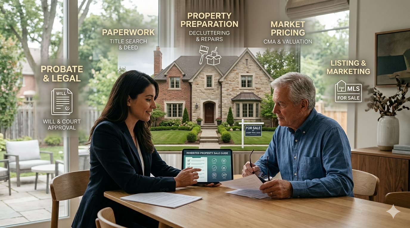 Real estate professional meeting with a homeowner to explain the inherited property sale process, including probate steps, paperwork, home preparation, pricing, and listing strategy.