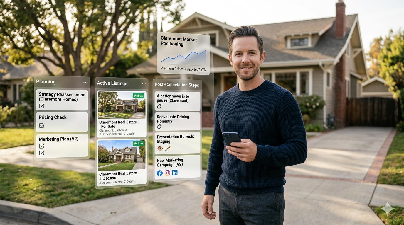 Homeowner standing outside a Claremont home reviewing a post-cancellation real estate strategy, including pricing reassessment, staging updates, and a refreshed marketing plan. Homeowner standing outside a Claremont home reviewing a post-cancellation real estate strategy, including pricing reassessment, staging updates, and a refreshed marketing plan.