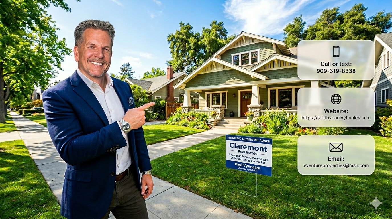 Paul Vyhnalek standing in front of a Claremont home with contact information and strategic listing relaunch messaging for homeowners who need expert real estate guidance. Paul Vyhnalek standing in front of a Claremont home with contact information and strategic listing relaunch messaging for homeowners who need expert real estate guidance.