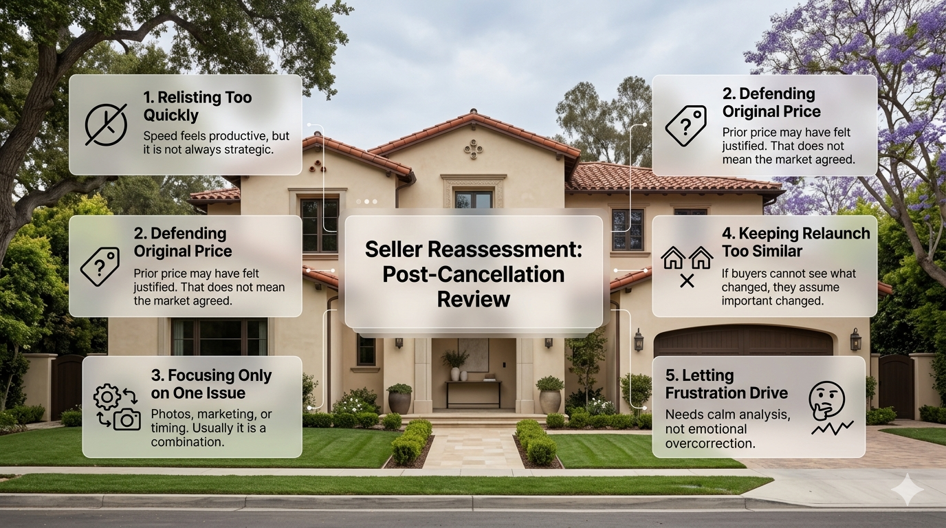 Seller reassessment graphic showing common mistakes after a canceled or expired home listing, including relisting too quickly, defending the original price, weak changes, and emotional decision-making. Seller reassessment graphic showing common mistakes after a canceled or expired home listing, including relisting too quickly, defending the original price, weak changes, and emotional decision-making.