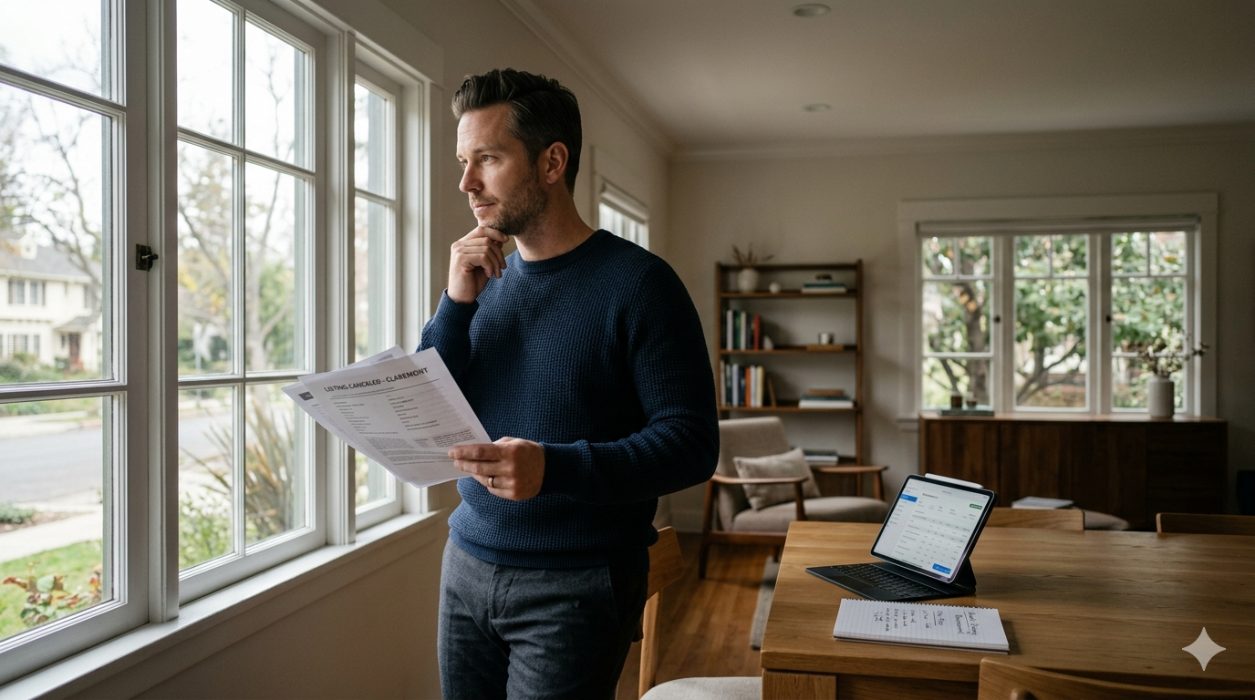 Homeowner standing indoors holding a canceled listing document and looking out the window, reflecting on next steps after a home sale plan did not move forward. Homeowner standing indoors holding a canceled listing document and looking out the window, reflecting on next steps after a home sale plan did not move forward.