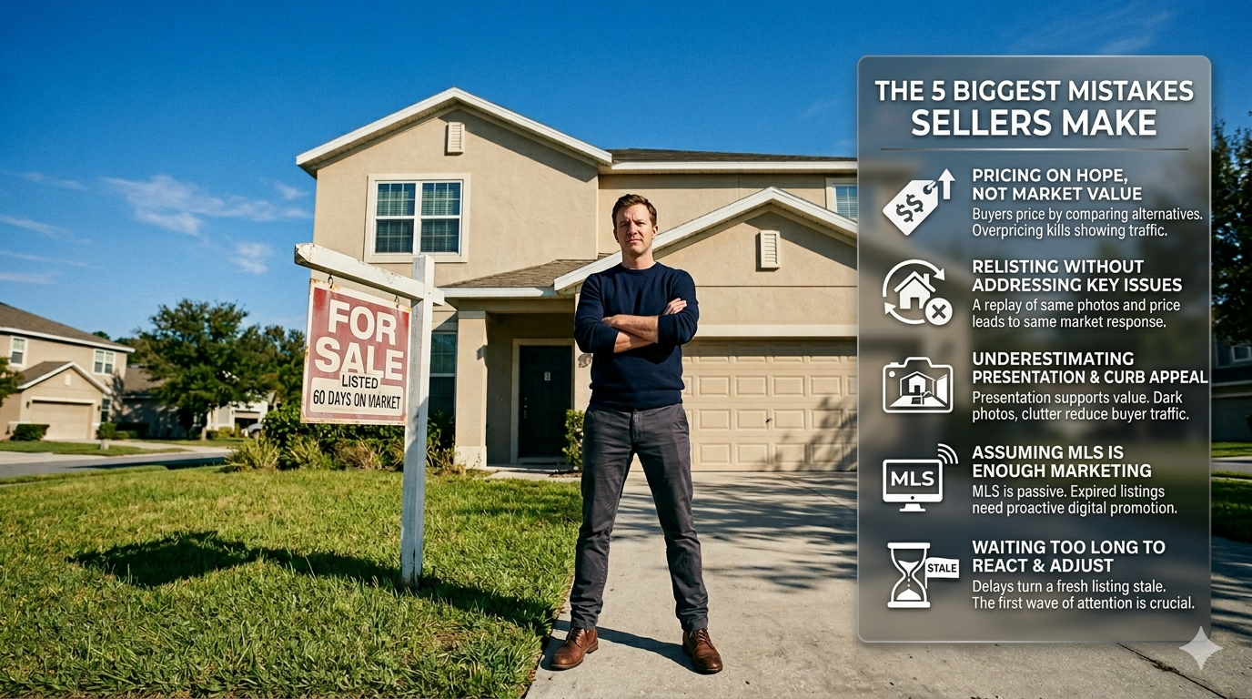 Homeowner standing in front of a house with a for-sale sign and a graphic outlining the five biggest seller mistakes, including overpricing, weak relaunch strategy, poor presentation, limited marketing, and delayed adjustments. Homeowner standing in front of a house with a for-sale sign and a graphic outlining the five biggest seller mistakes, including overpricing, weak relaunch strategy, poor presentation, limited marketing, and delayed adjustments.