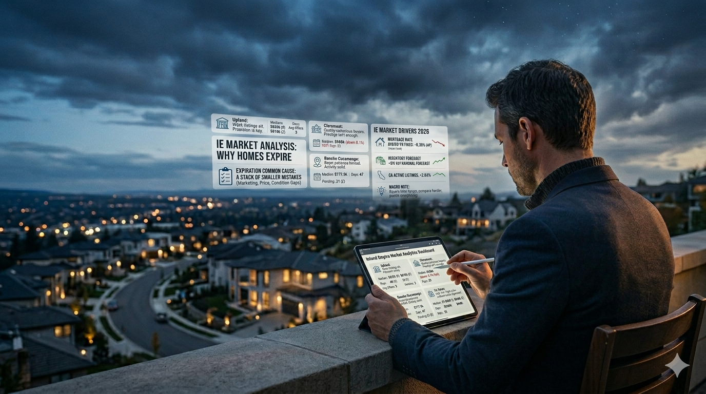 Man reviewing Inland Empire real estate market analysis on a tablet at dusk, studying why homes expire, pricing trends, market drivers, and local housing conditions from an elevated neighborhood view. Man reviewing Inland Empire real estate market analysis on a tablet at dusk, studying why homes expire, pricing trends, market drivers, and local housing conditions from an elevated neighborhood view.