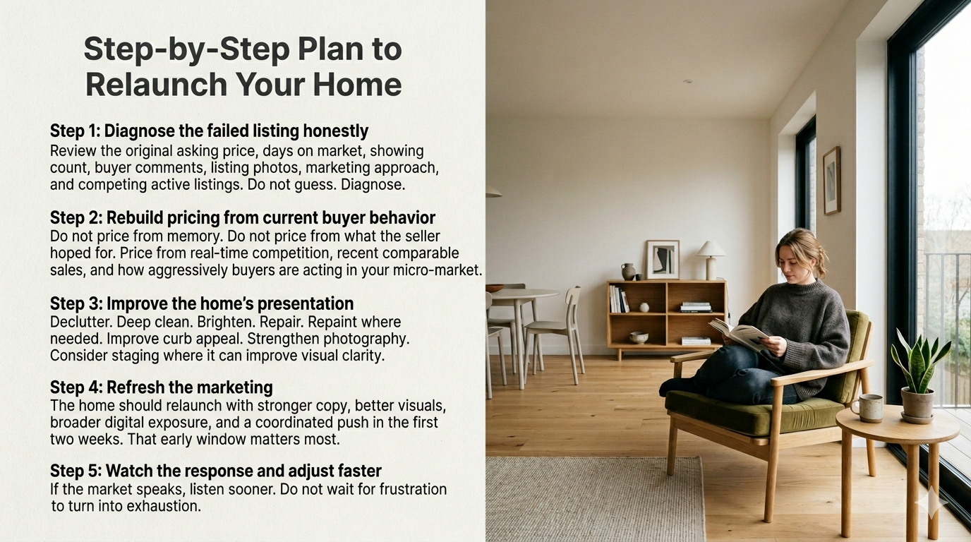 Graphic outlining a step-by-step plan to relaunch a home after a failed listing, covering diagnosis, pricing, presentation, marketing refresh, and faster market-based adjustments. Graphic outlining a step-by-step plan to relaunch a home after a failed listing, covering diagnosis, pricing, presentation, marketing refresh, and faster market-based adjustments.