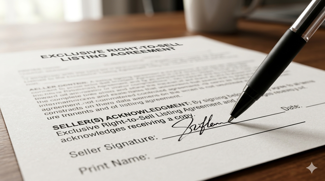 Close-up of a real estate listing agreement being signed with a pen, showing seller acknowledgment and contract paperwork for listing a home for sale. Close-up of a real estate listing agreement being signed with a pen, showing seller acknowledgment and contract paperwork for listing a home for sale.