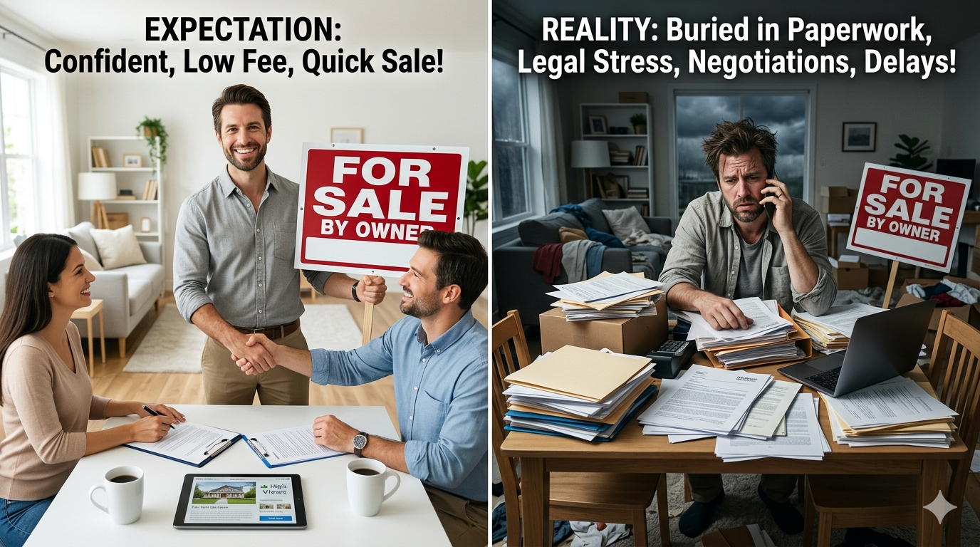 Side-by-side FSBO comparison showing the expectation of a quick low-fee home sale versus the reality of paperwork, legal stress, negotiations, and delays when selling without an agent. Side-by-side FSBO comparison showing the expectation of a quick low-fee home sale versus the reality of paperwork, legal stress, negotiations, and delays when selling without an agent.