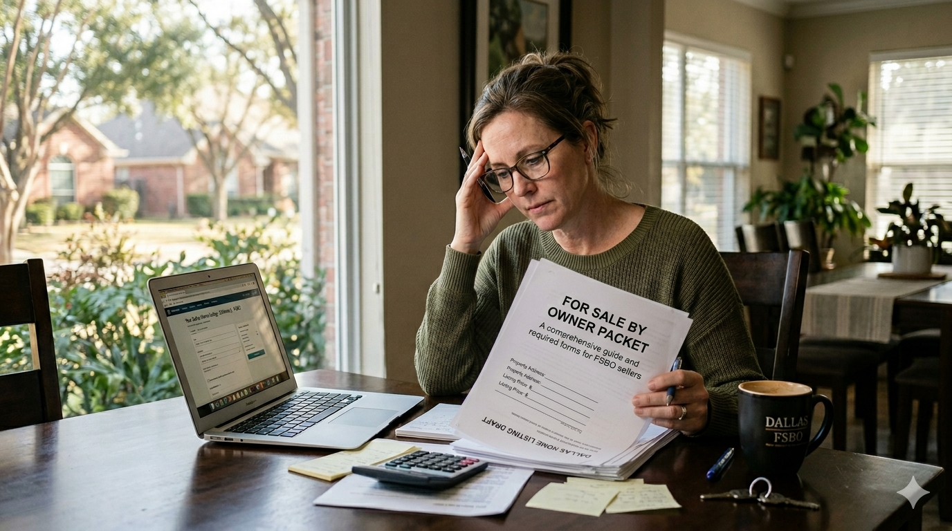 FSBO homeowner sitting at a table feeling overwhelmed while reviewing for sale by owner paperwork, required forms, pricing details, and online listing tasks on a laptop. FSBO homeowner sitting at a table feeling overwhelmed while reviewing for sale by owner paperwork, required forms, pricing details, and online listing tasks on a laptop.