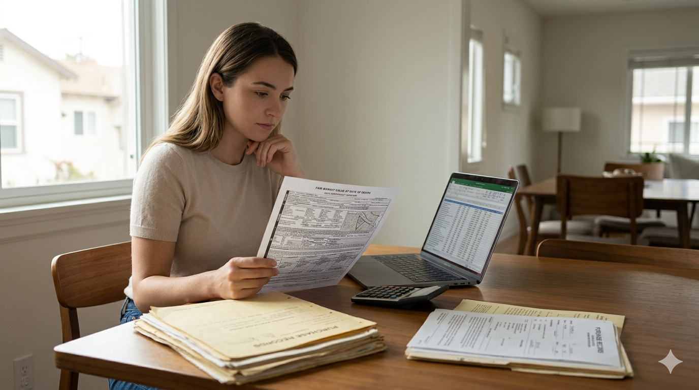Woman reviewing home sale documents, disclosures, and pricing spreadsheets at a table, analyzing FSBO paperwork and real estate details before making a selling decision. Woman reviewing home sale documents, disclosures, and pricing spreadsheets at a table, analyzing FSBO paperwork and real estate details before making a selling decision.