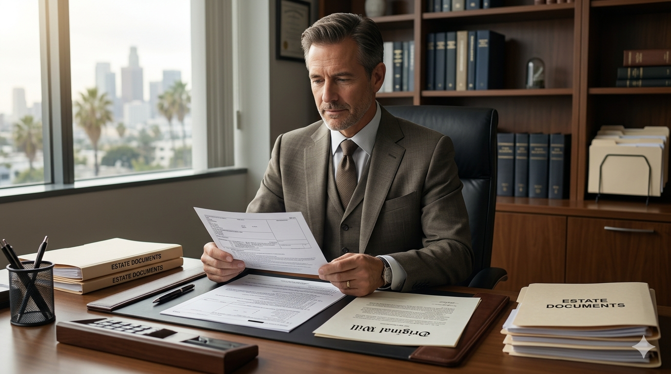 Attorney or estate professional reviewing probate and estate documents in an office, analyzing paperwork related to an inherited property, will, or estate administration. Attorney or estate professional reviewing probate and estate documents in an office, analyzing paperwork related to an inherited property, will, or estate administration.