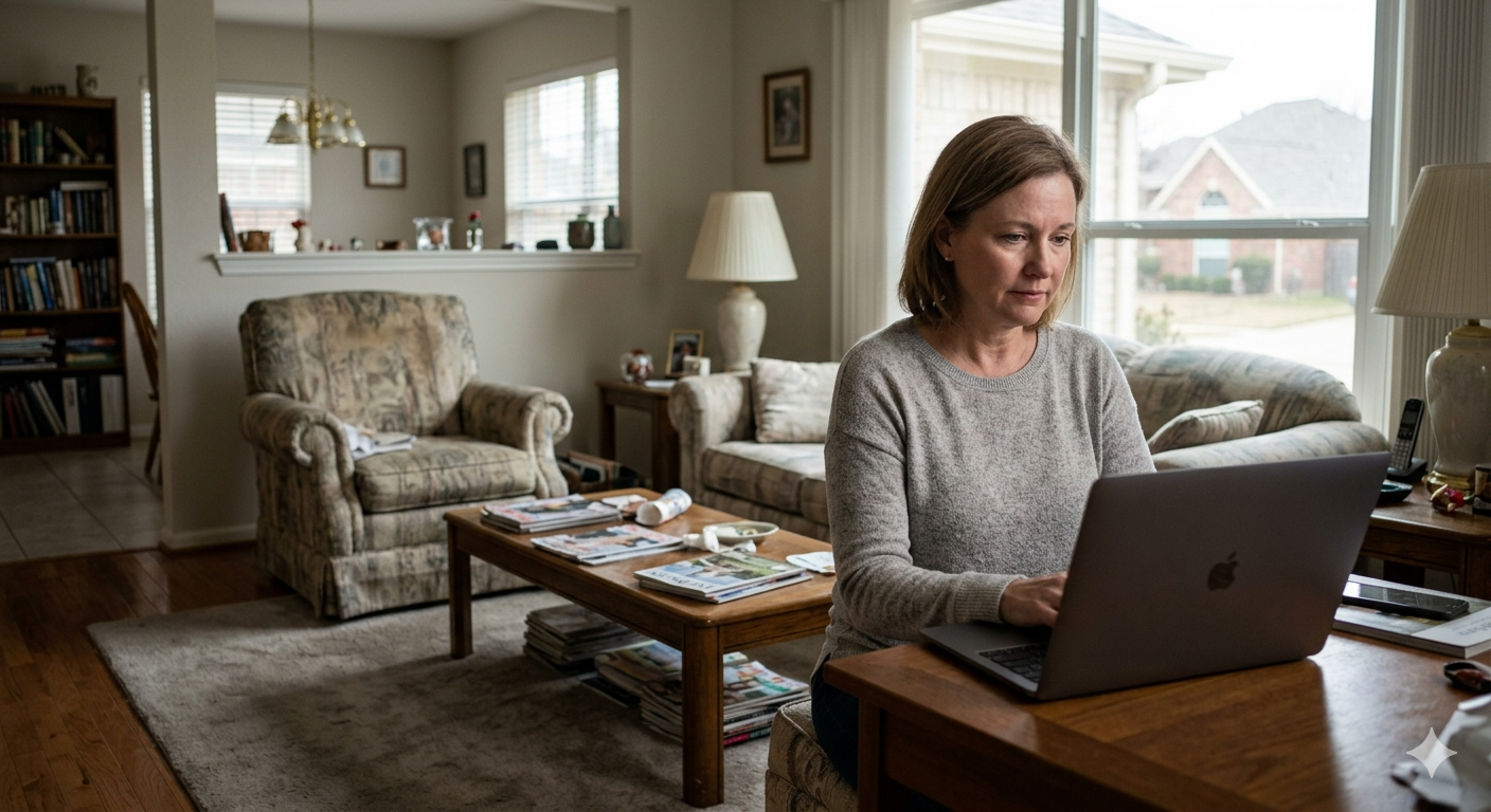 Woman working on a laptop in her living room, researching home selling options, market information, or listing details from home. Woman working on a laptop in her living room, researching home selling options, market information, or listing details from home.