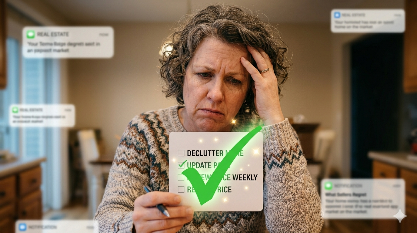Stressed homeowner holding a checklist with update price checked after home sale regret in a slow market scene Stressed homeowner holding a checklist with update price checked after home sale regret in a slow market scene