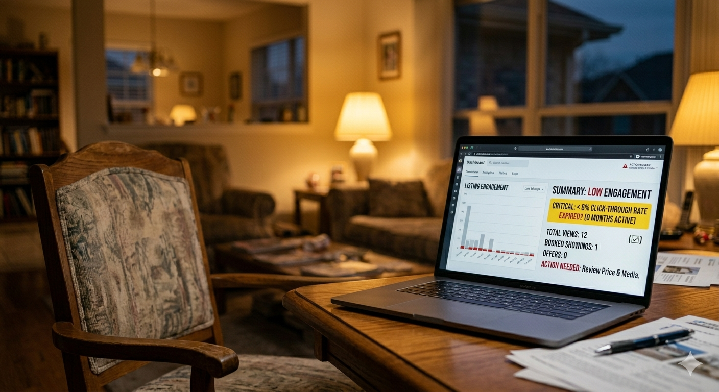 Laptop on a table in a living room displaying low real estate listing engagement metrics, showing weak views, no offers, and a recommendation to review price and marketing. Laptop on a table in a living room displaying low real estate listing engagement metrics, showing weak views, no offers, and a recommendation to review price and marketing.