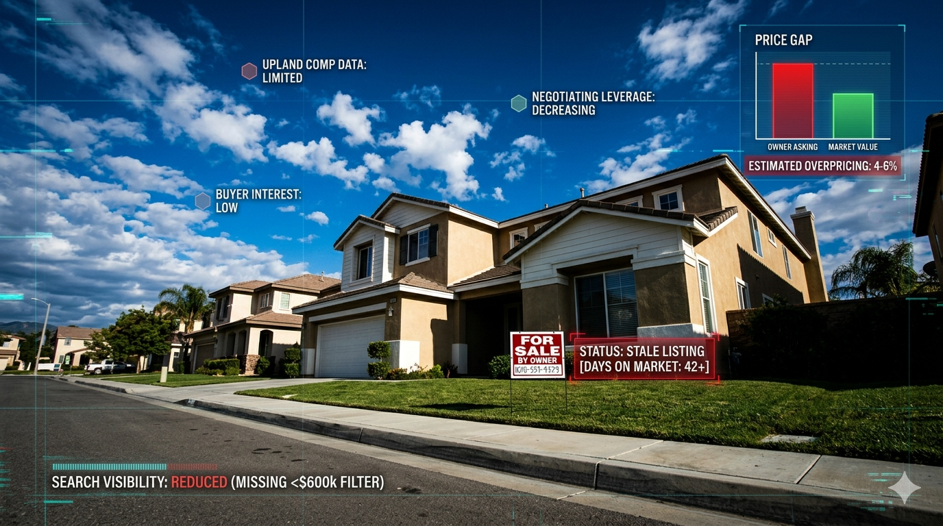 Suburban Upland home with a for-sale-by-owner sign and data-style overlays showing stale listing status, reduced search visibility, low buyer interest, limited comp data, decreasing negotiating leverage, and an overpricing gap versus market value. Suburban Upland home with a for-sale-by-owner sign and data-style overlays showing stale listing status, reduced search visibility, low buyer interest, limited comp data, decreasing negotiating leverage, and an overpricing gap versus market value.