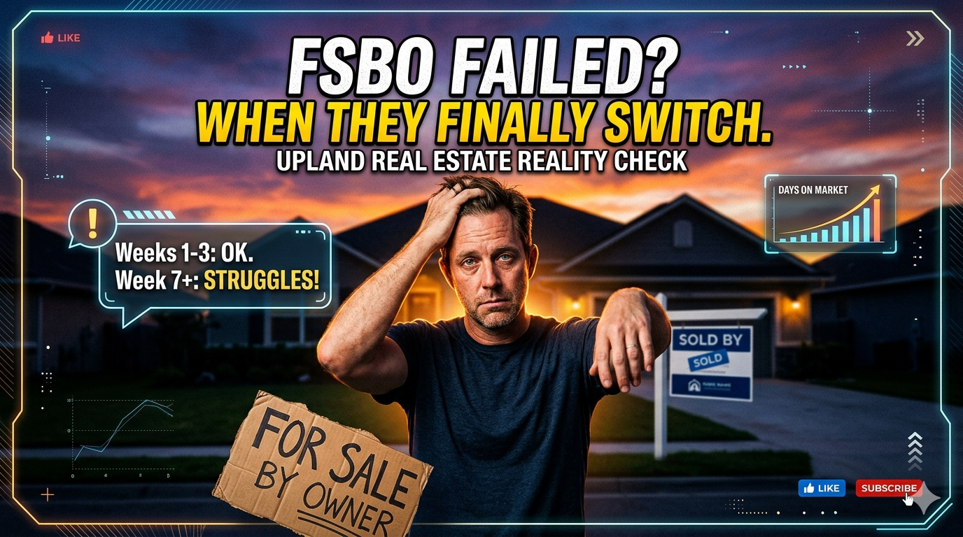 YouTube thumbnail showing a frustrated FSBO seller in front of a suburban home at sunset with bold text about when for-sale-by-owner listings fail and finally switch to an agent in Upland real estate. YouTube thumbnail showing a frustrated FSBO seller in front of a suburban home at sunset with bold text about when for-sale-by-owner listings fail and finally switch to an agent in Upland real estate.