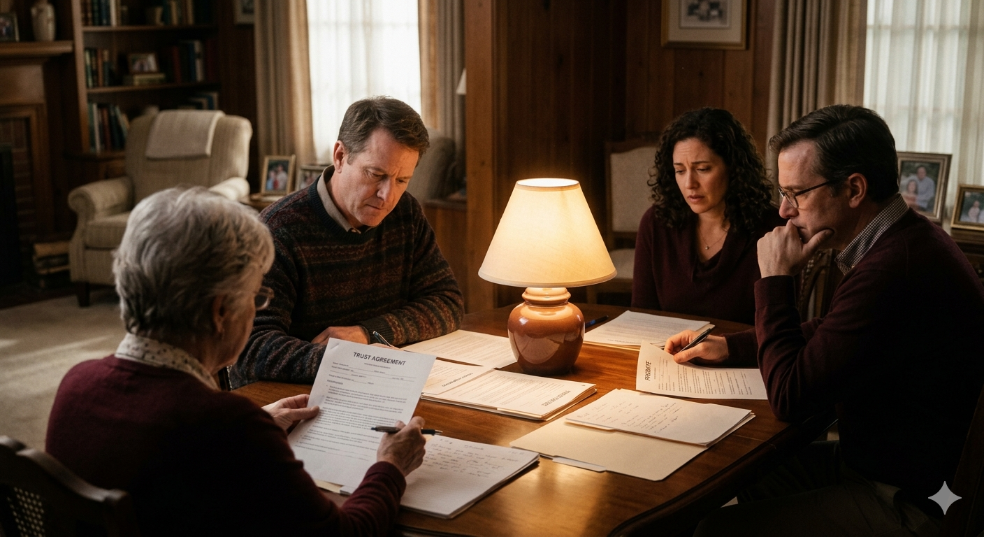 Family gathered around a table reviewing trust documents in a warmly lit living room, showing a serious estate planning or inheritance discussion. Family gathered around a table reviewing trust documents in a warmly lit living room, showing a serious estate planning or inheritance discussion.