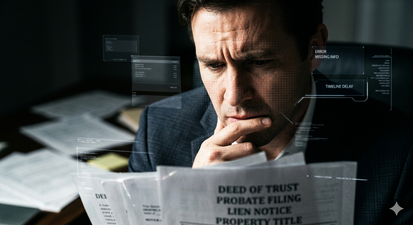 Concerned man reviewing deed of trust, probate filing, lien notice, and property title documents with digital overlays showing missing information and timeline delays. Concerned man reviewing deed of trust, probate filing, lien notice, and property title documents with digital overlays showing missing information and timeline delays.