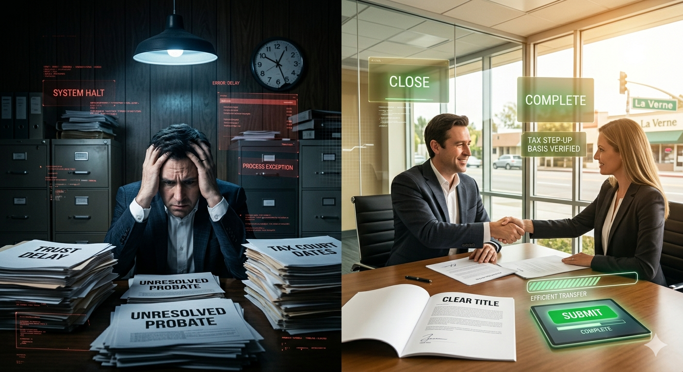 Split-screen image contrasting probate delay and smooth trust administration, with a stressed man surrounded by unresolved probate files on one side and a successful office closing with clear title and completed transfer on the other. Split-screen image contrasting probate delay and smooth trust administration, with a stressed man surrounded by unresolved probate files on one side and a successful office closing with clear title and completed transfer on the other.