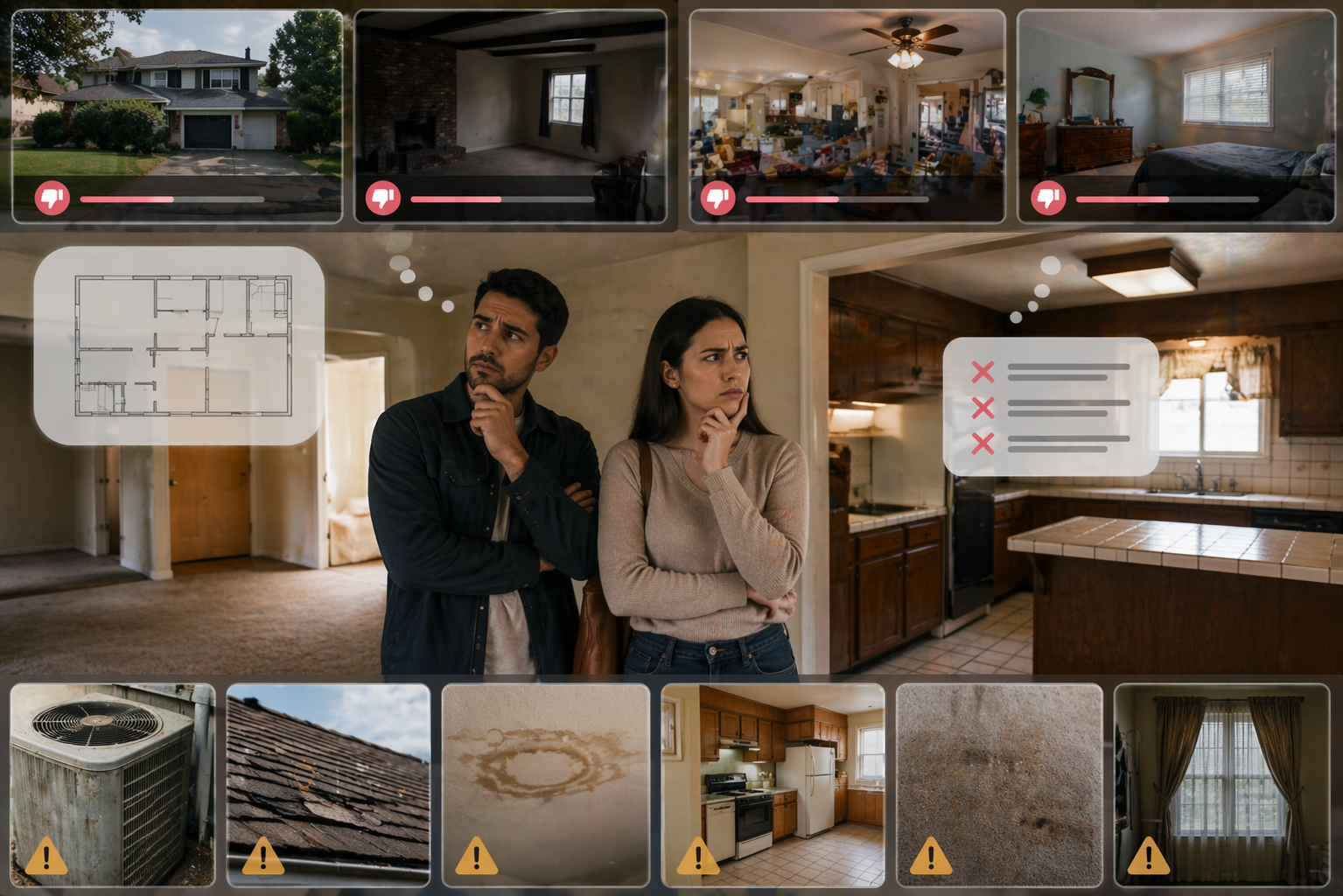 Homebuyers evaluating a dated property with visual red flags, including poor room impressions, aging HVAC and roof, water damage, worn finishes, and condition concerns affecting buyer interest. Homebuyers evaluating a dated property with visual red flags, including poor room impressions, aging HVAC and roof, water damage, worn finishes, and condition concerns affecting buyer interest.