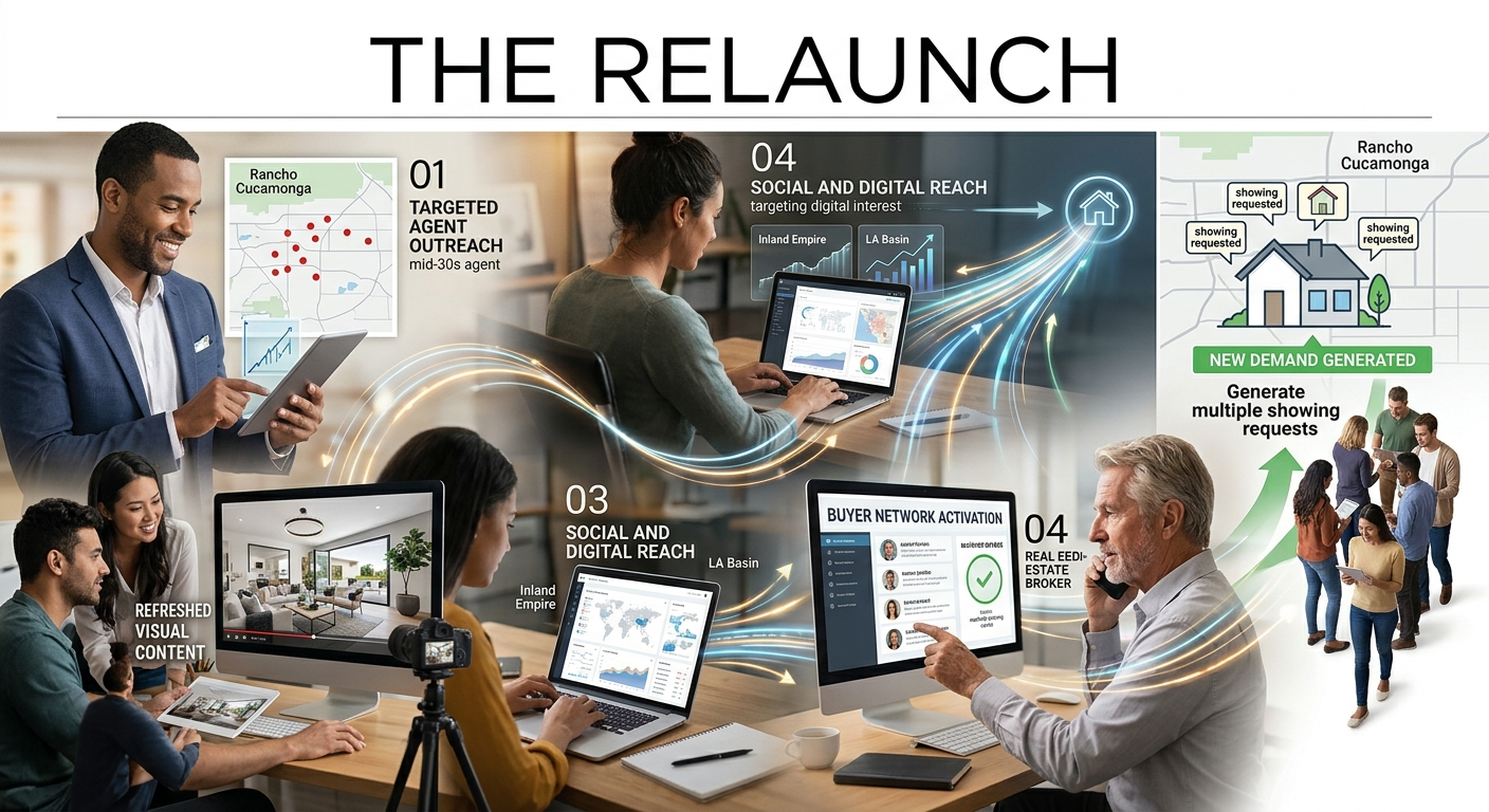 Real estate relaunch infographic showing targeted agent outreach, refreshed visual content, social and digital marketing, buyer network activation, and new demand generation to relaunch a listing successfully. Real estate relaunch infographic showing targeted agent outreach, refreshed visual content, social and digital marketing, buyer network activation, and new demand generation to relaunch a listing successfully.