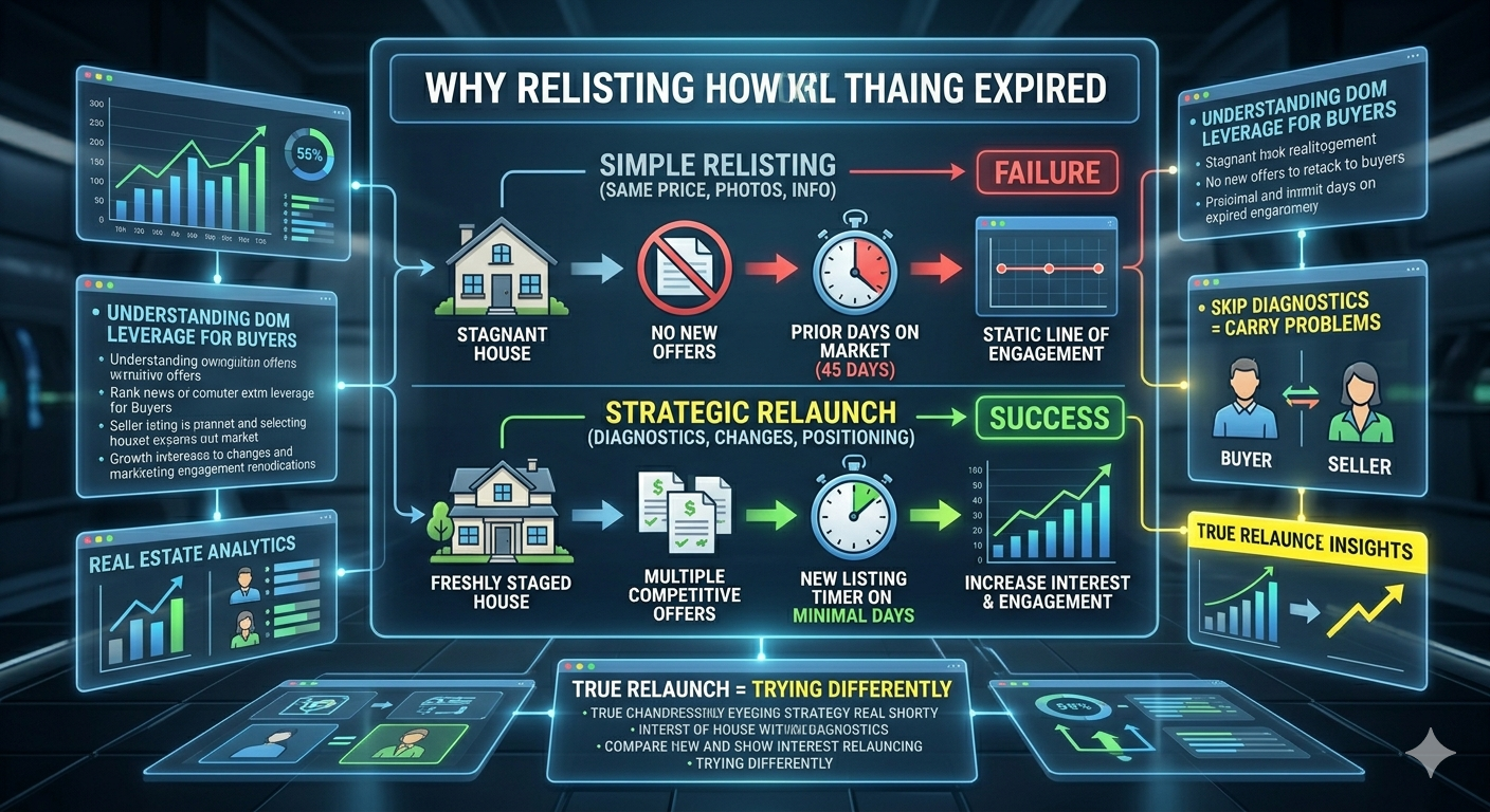 Infographic comparing a failed simple relisting with a strategic relaunch, showing how diagnostics, pricing and presentation changes, and better positioning can turn an expired listing into renewed buyer interest and stronger offers. Infographic comparing a failed simple relisting with a strategic relaunch, showing how diagnostics, pricing and presentation changes, and better positioning can turn an expired listing into renewed buyer interest and stronger offers.