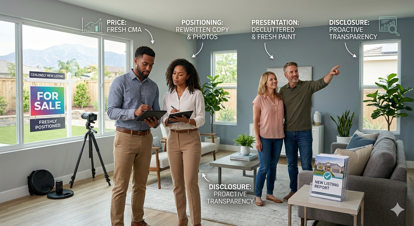 Real estate relaunch scene showing agents and homeowners preparing a home for market with updated pricing, rewritten listing copy, fresh photos, decluttering, paint, and proactive disclosure strategy. Real estate relaunch scene showing agents and homeowners preparing a home for market with updated pricing, rewritten listing copy, fresh photos, decluttering, paint, and proactive disclosure strategy.