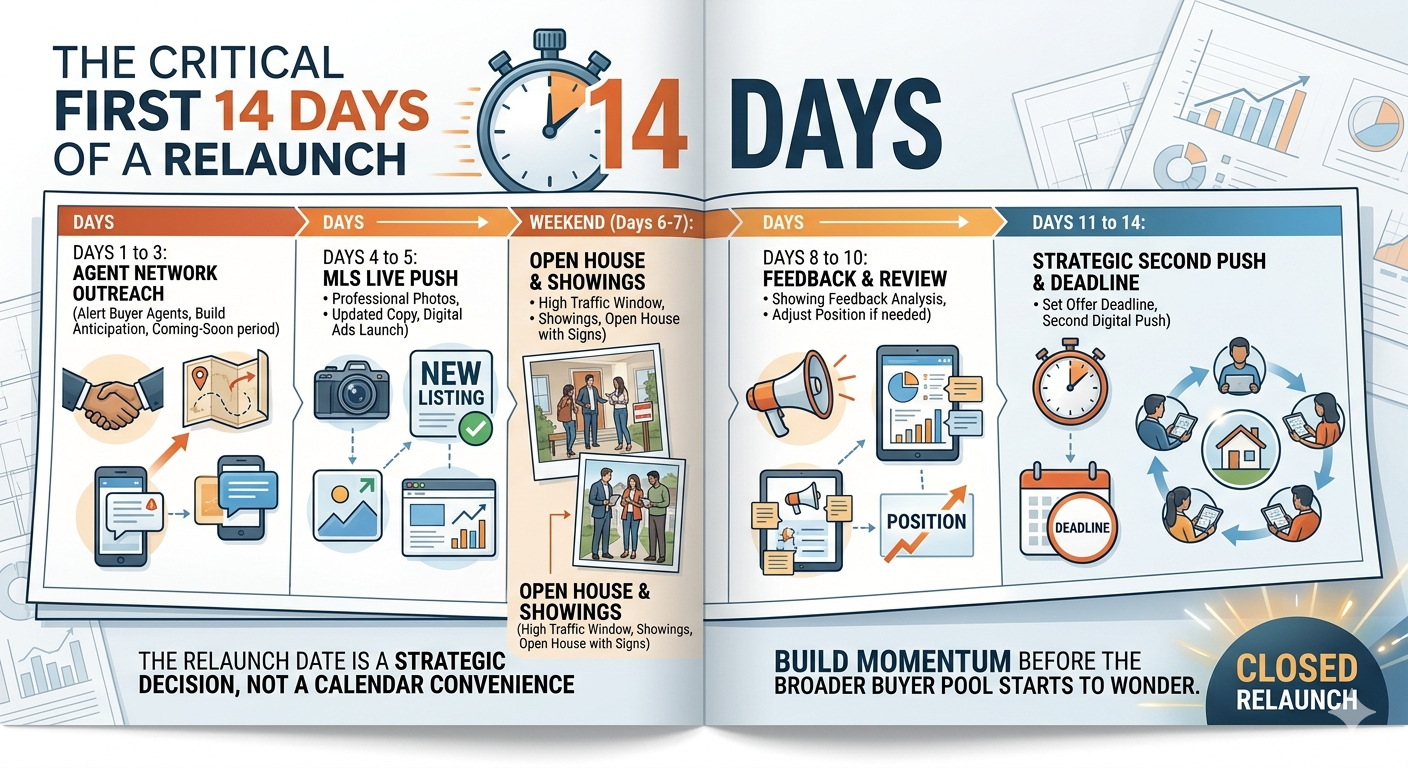 Infographic outlining the critical first 14 days of an expired listing relaunch, including agent outreach, MLS launch, open houses, feedback review, and a second marketing push to build buyer momentum. Infographic outlining the critical first 14 days of an expired listing relaunch, including agent outreach, MLS launch, open houses, feedback review, and a second marketing push to build buyer momentum.
