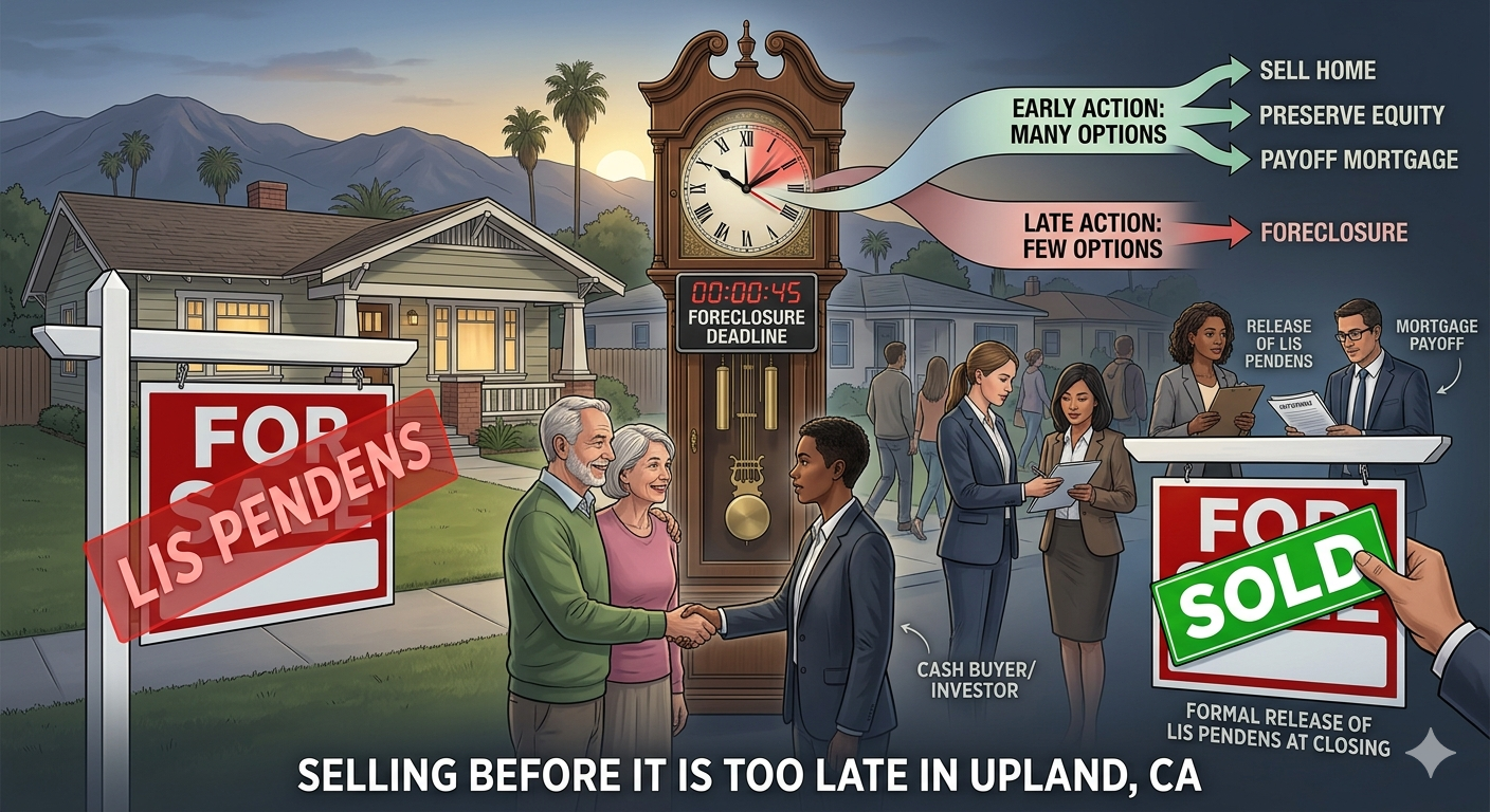 Illustration showing an Upland, California homeowner facing a lis pendens and foreclosure deadline, contrasted with early action options like selling, preserving equity, paying off the mortgage, and closing with a sold sign before it is too late.