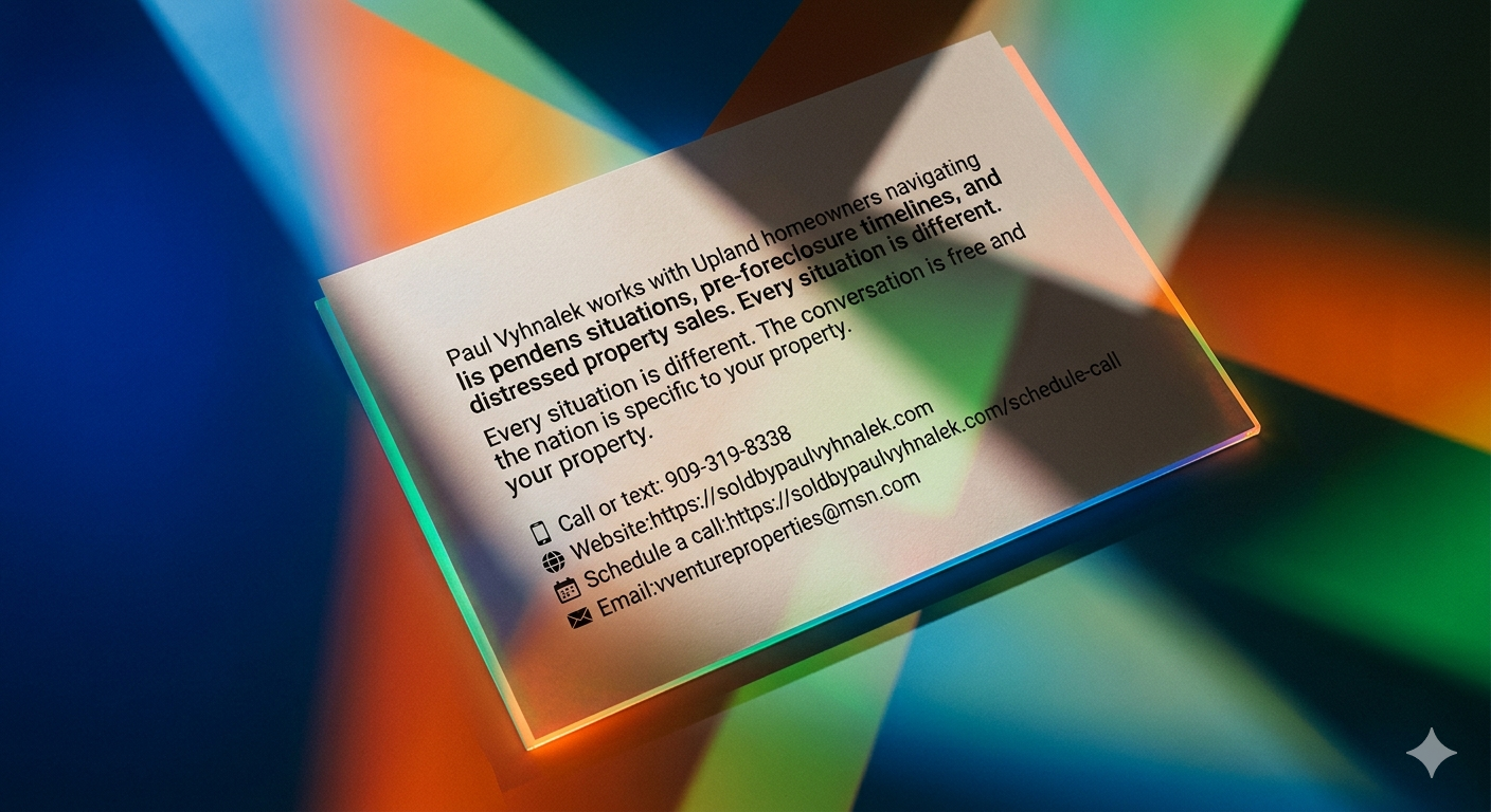Contact card for Paul Vyhnalek with message about helping Upland homeowners facing lis pendens, pre-foreclosure timelines, and distressed property sales, shown on a colorful abstract background.