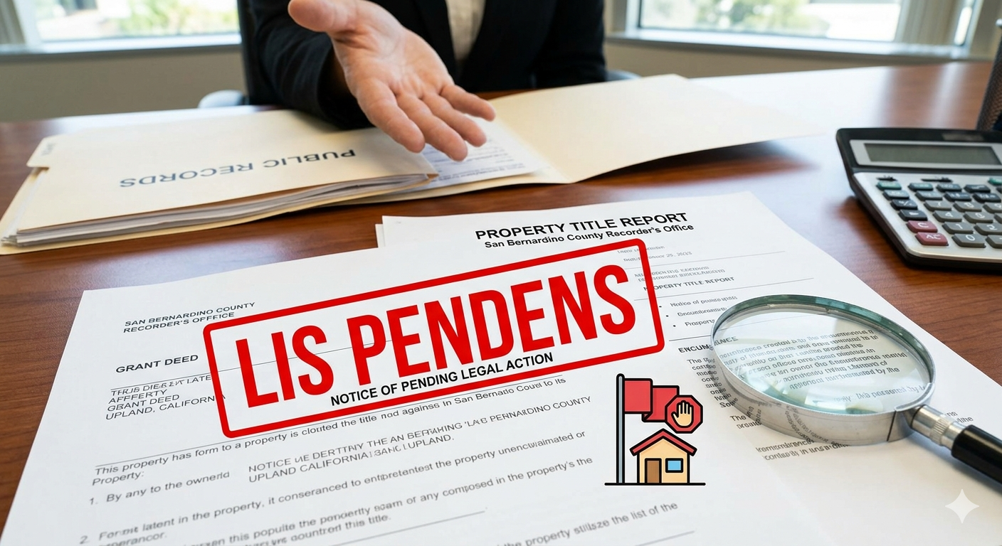 Close-up of lis pendens paperwork and property title records in San Bernardino County, California, with a magnifying glass and public records folder, illustrating a pending legal action affecting a home title.