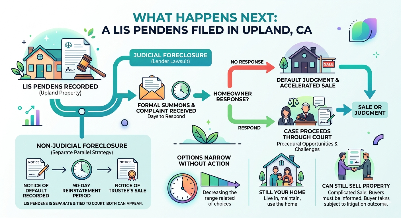 Infographic explaining what happens after a lis pendens is filed in Upland, California, outlining judicial foreclosure steps, homeowner response options, possible default judgment, parallel non-judicial foreclosure timeline, and the narrowing choices without action.