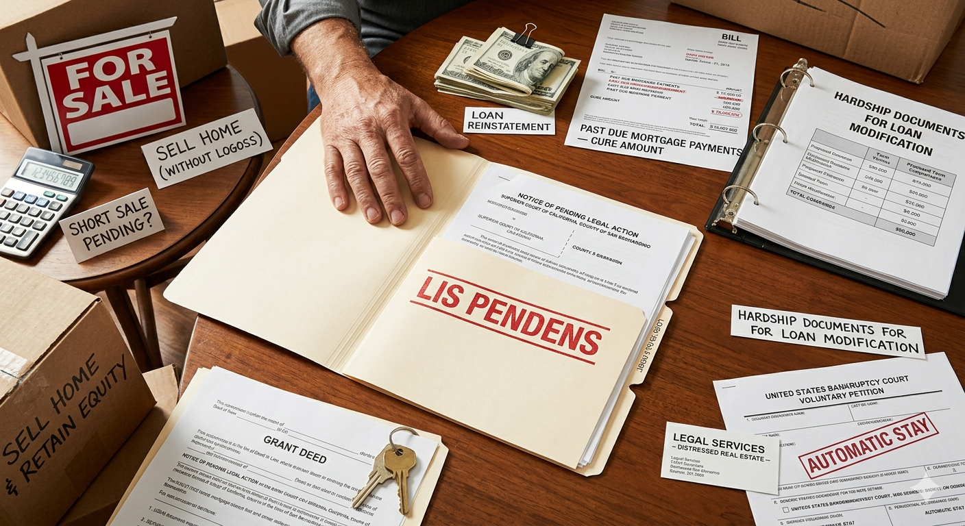 Desktop scene showing lis pendens paperwork surrounded by foreclosure and hardship documents, mortgage cure amounts, loan reinstatement notes, legal filings, cash, keys, and options to sell the home or retain equity.